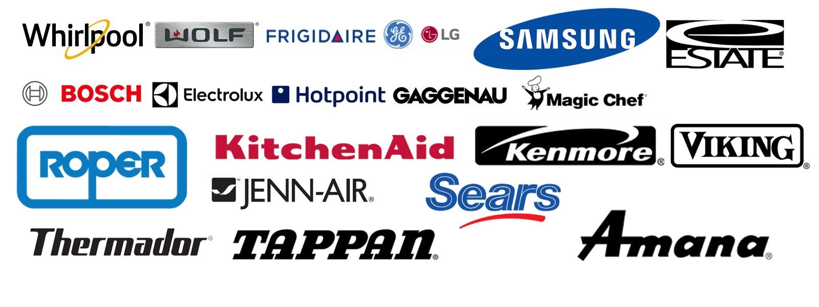 Appliance brands we repair: Whirlpool, Maytag, GE, LG, Samsung, KitchenAid, Frigidaire, Bosch and more