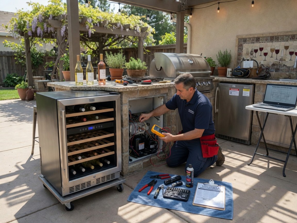 Technician repairing a wine cooler and outdoor kitchen appliances in Green Bay