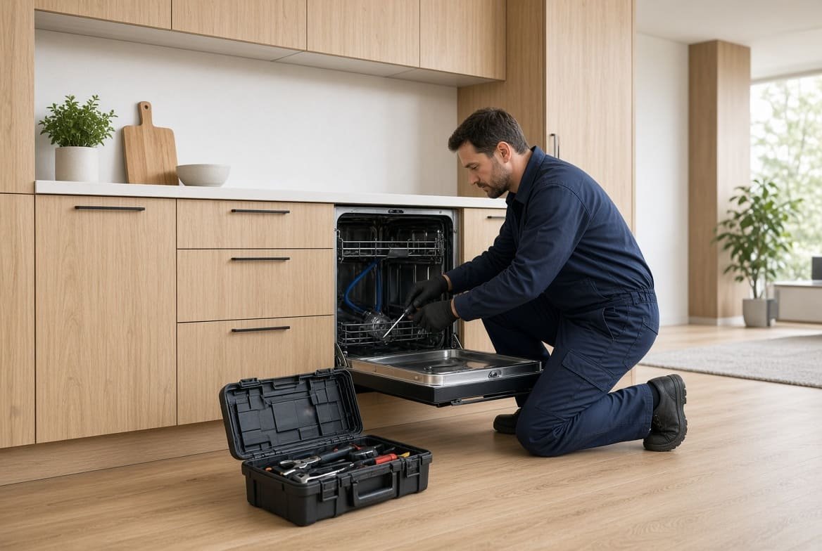 Technician servicing a dishwasher in Green Bay
