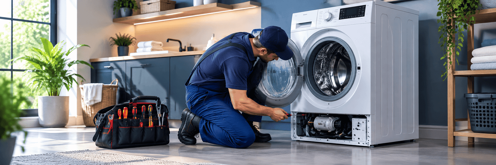 Technician servicing a washing machine in Green Bay